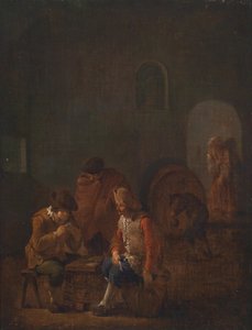 Kaartspelende en drinkende boeren in een keldergewelf